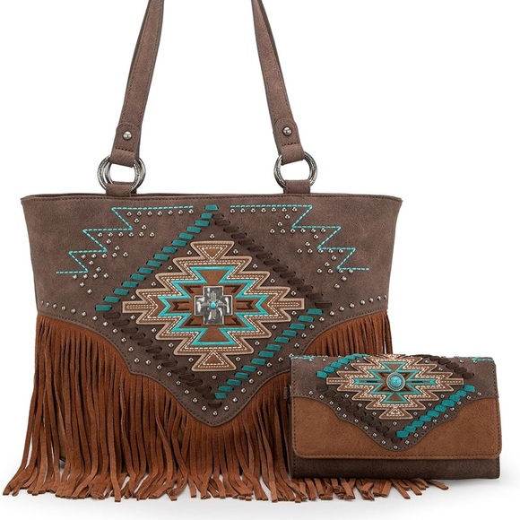 Coffee Women Tooled Shoulder Purse with Wallet 2Pcs Set - Picture 1 of 6